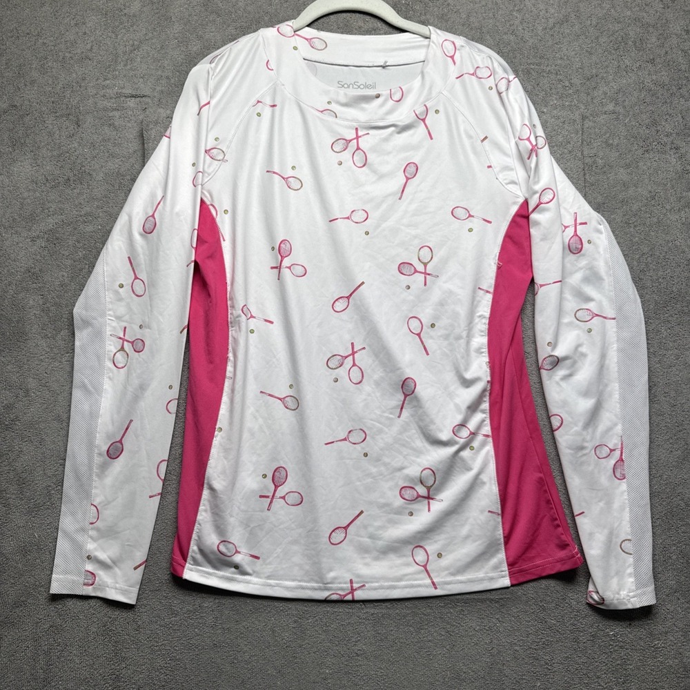 San‎ Soleil Tennis Shirt Women's M White Pink UPF 50 Long Sleeve Active Top Golf